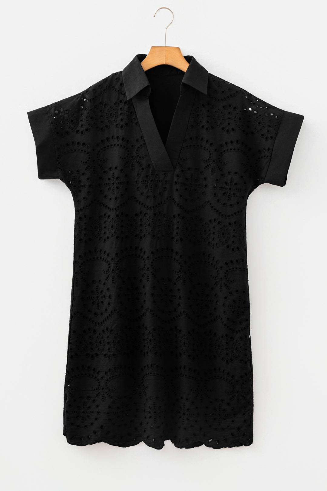Black Solid Color Eyelet Embroidered T Shirt Mini Dress