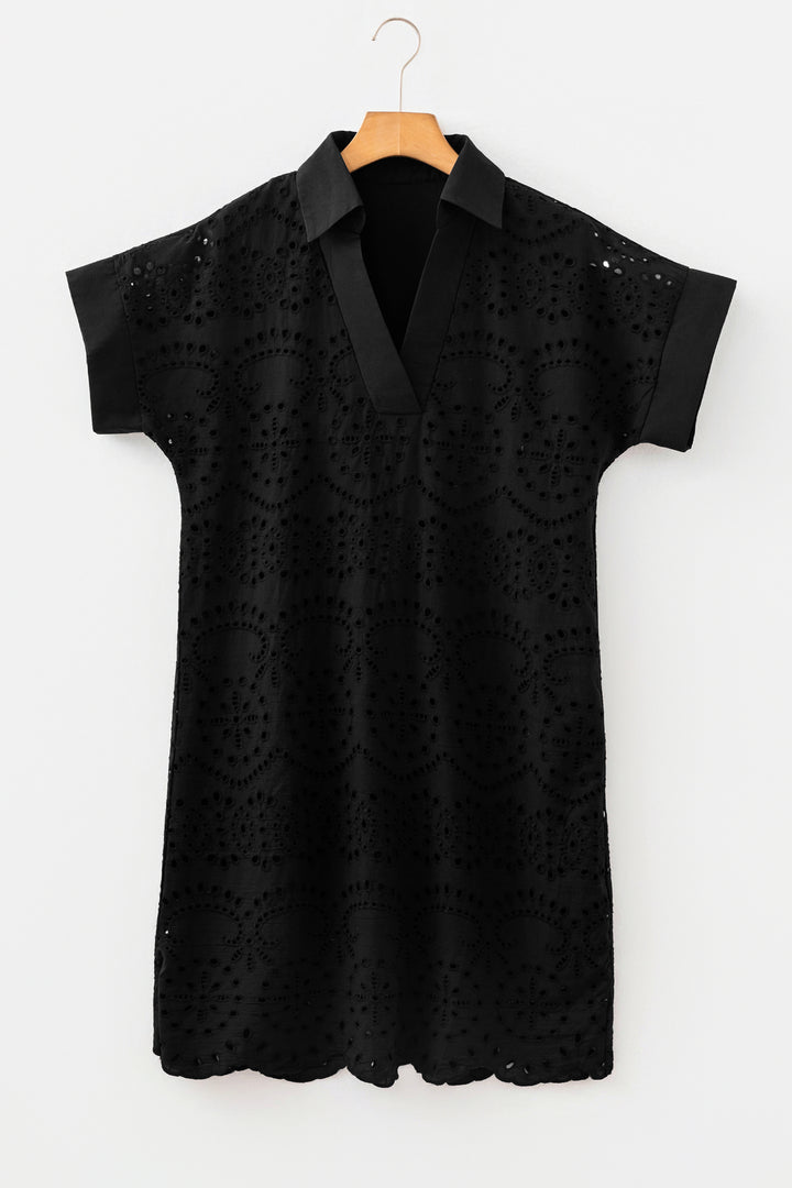 Black Solid Color Eyelet Embroidered T Shirt Mini Dress