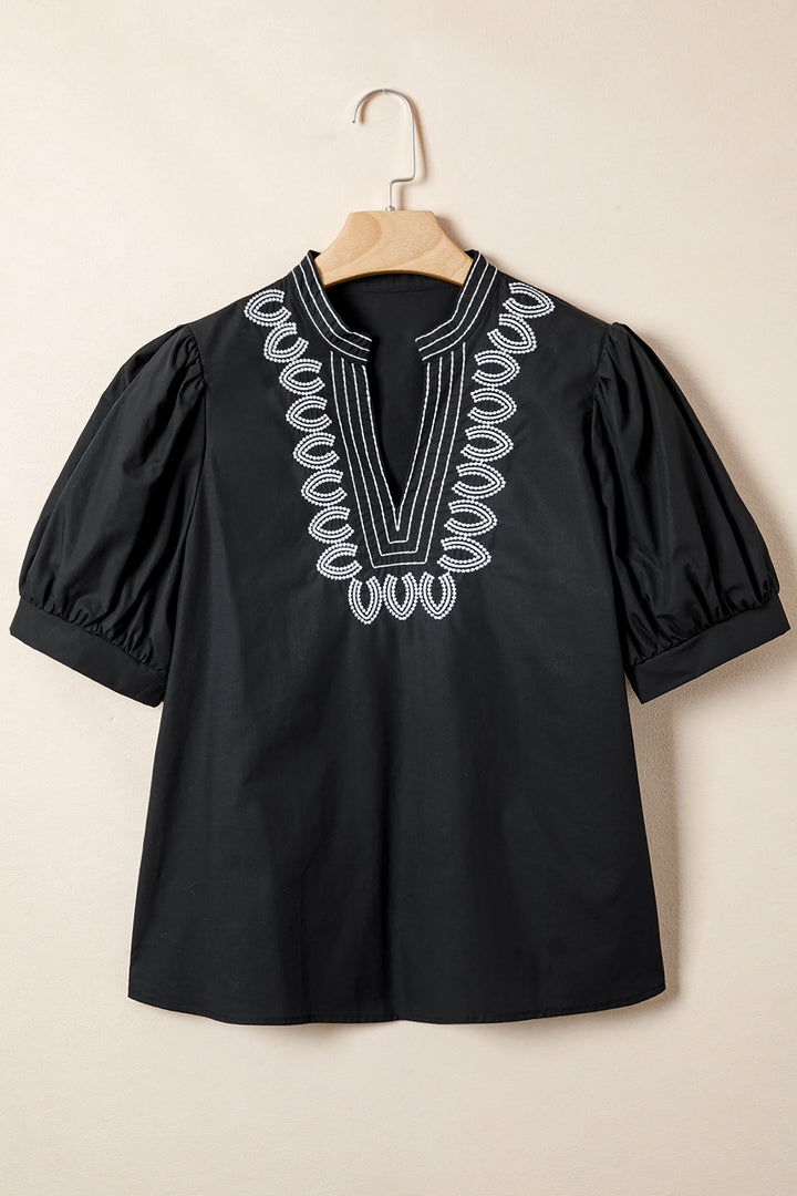 Black Short Puff Sleeve Contrast Embroidered Detail V Neck Blouse