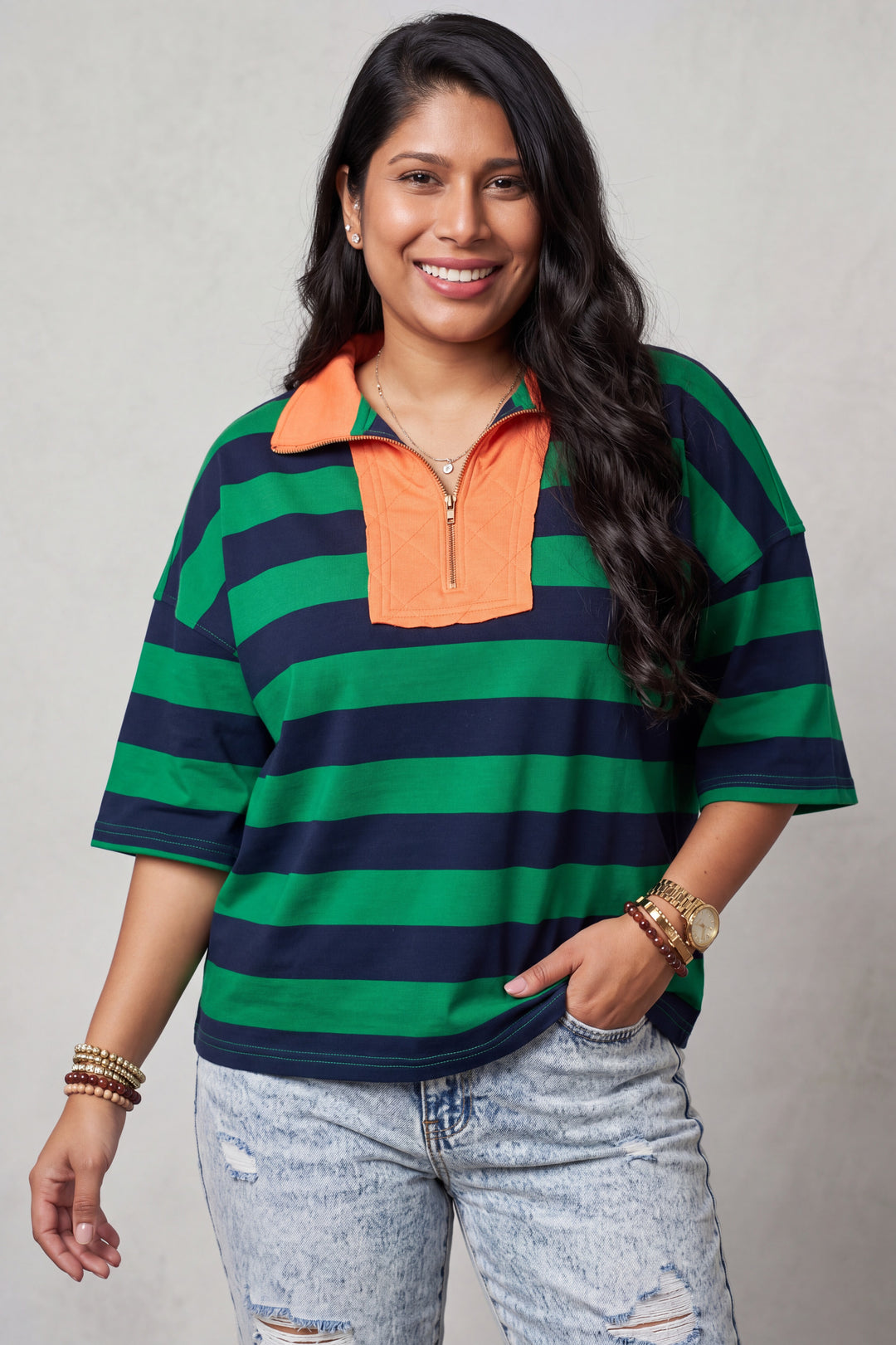 Green Stripe Quarter-Zip Metal Zipper Cover Stitch Hem Top