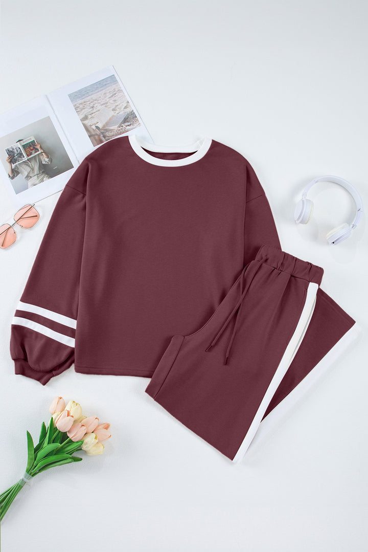 Mineral Red Varsity Stripe Patchwork Puff Sleeve Pullover Drawstring Wide Leg Pant Set