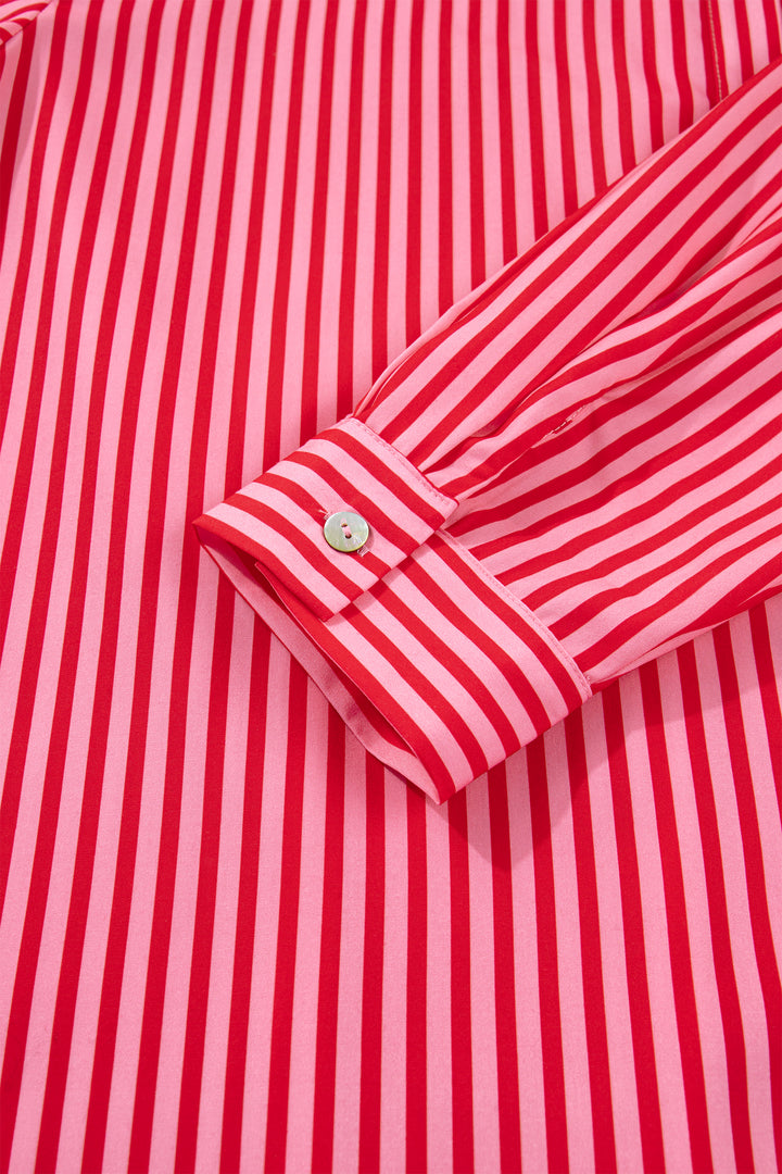 Red Stripe Button-Up Shirt Long Sleeve Patch Pocket Casual Shirt