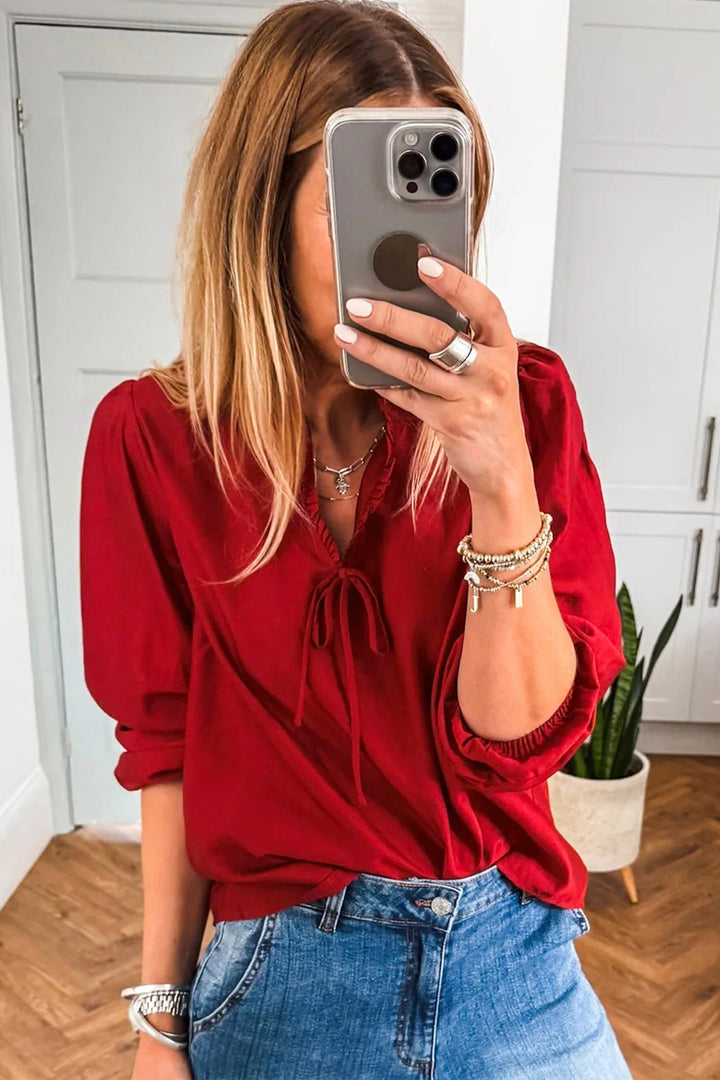 Fiery Red Solid Color Frilled V Neck Bow Detail 3/4 Sleeve Blouse
