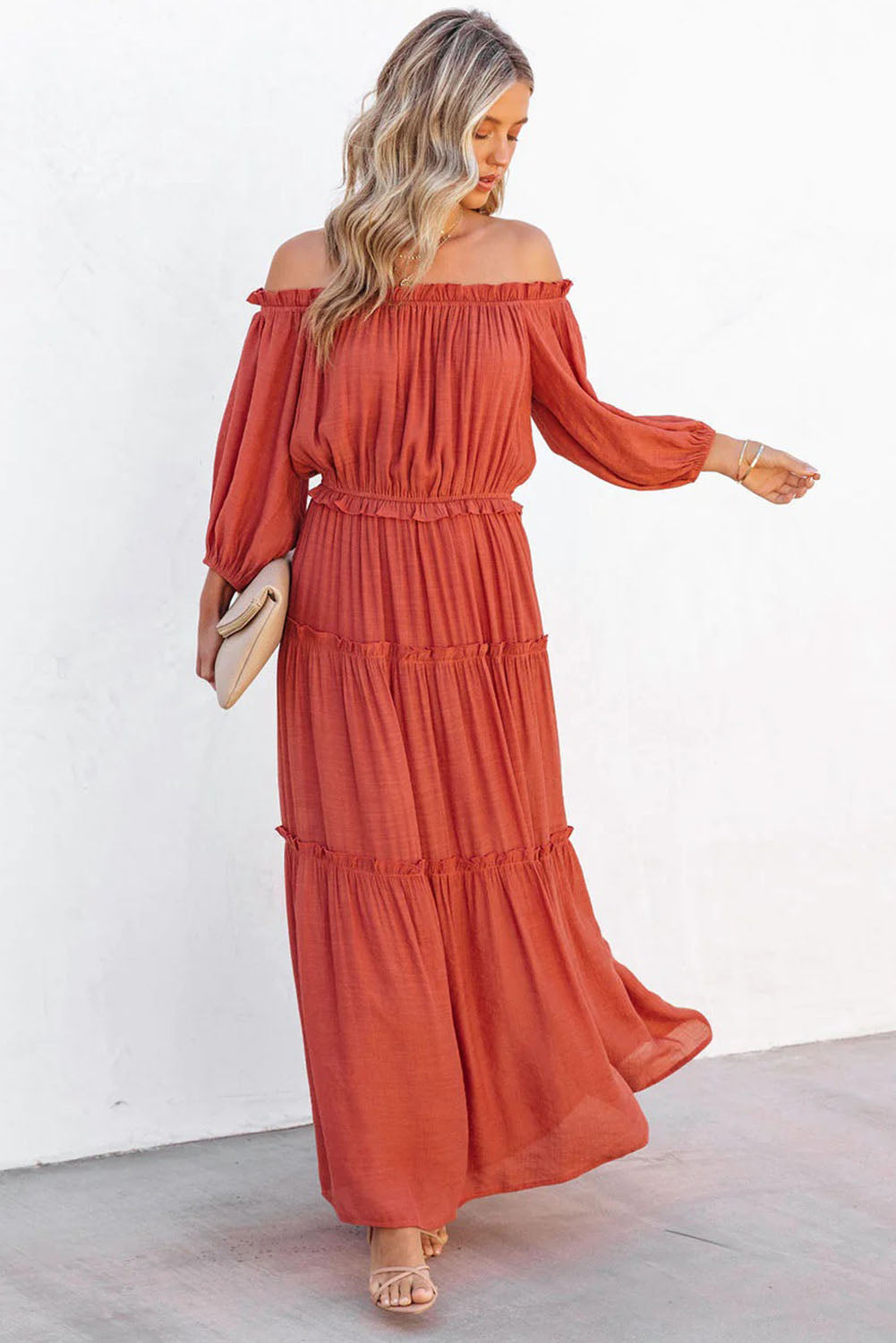 Orange Off Shoulder Balloon Sleeve Cutout Ruffled Maxi Dress  | Women