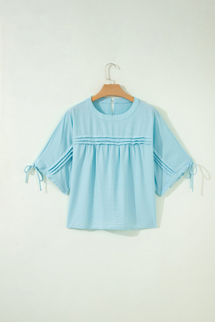 Yellow Cream Tie Half Sleeve Pleated Detail Babydoll Blouse