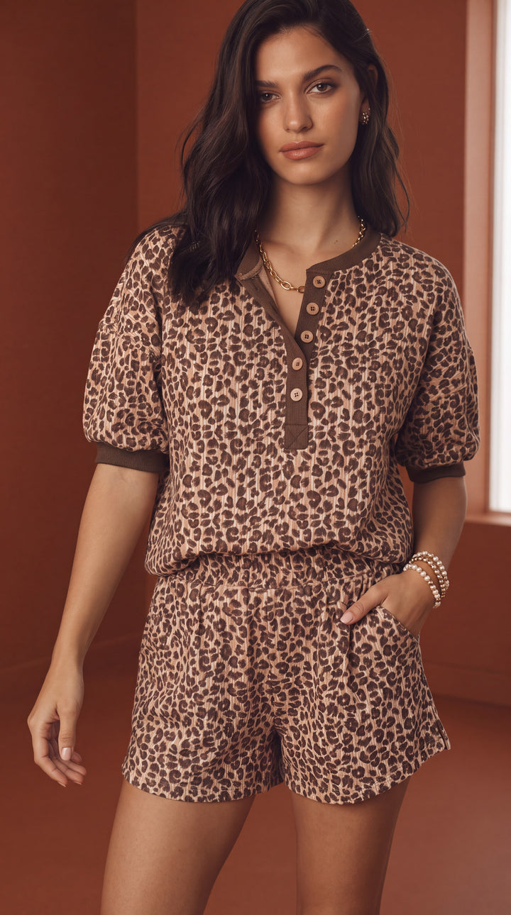 Brown Leopard Print Ribbed Patchwork Half Button Loose Tee Elastic Waist Short 2pcs Set