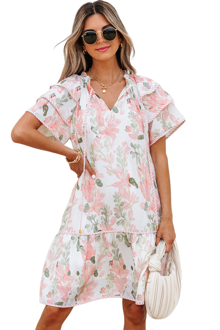 Orange Floral Contrast Edge Layered Short Sleeve Mini Dress