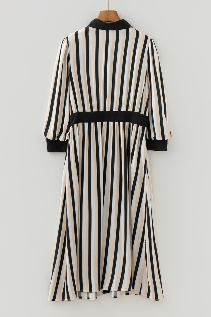 Black Stripe 3/4 Puff Sleeve Shirt Style Button Down Midi Dress