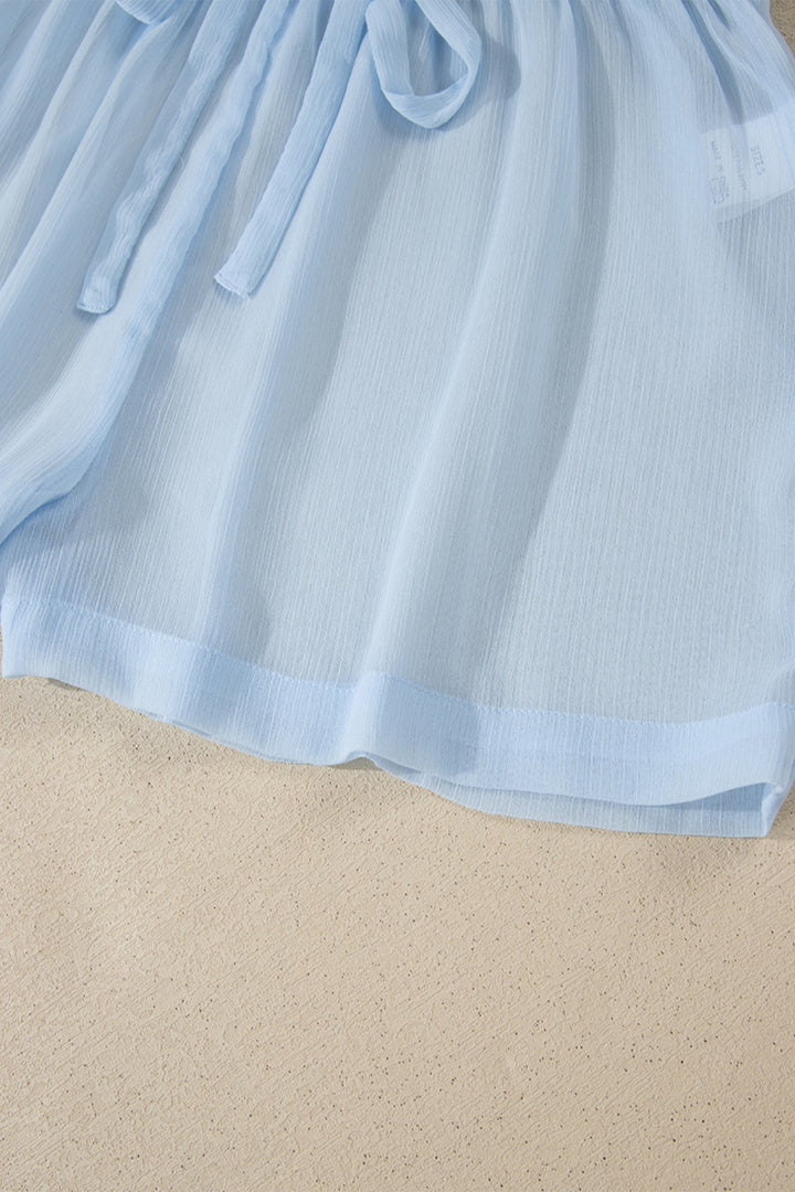 Beau Blue Sheer Tunic Shirt Drawstring Shorts 2pcs Swim Cover Up