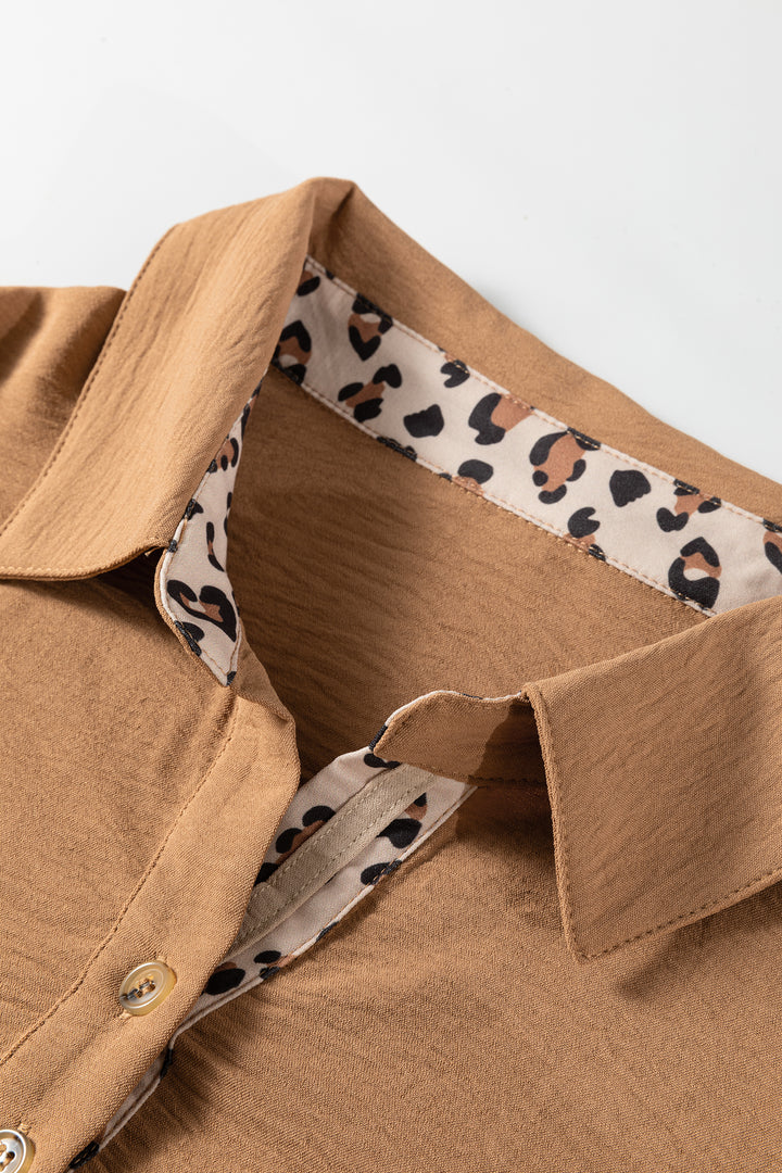Camel Contrast Leopard Print Patchwork Polo Collar Buttons Front Ruffled Long Sleeve Blouse