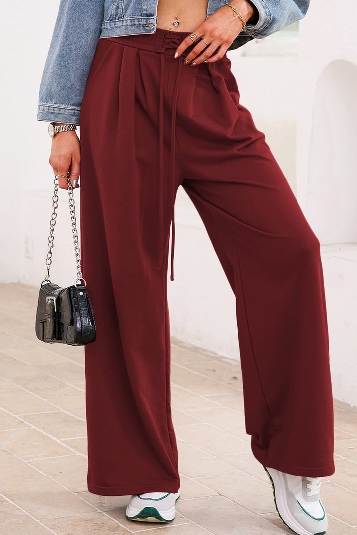 Burgundy Tied Elastic High Waist Pleated Detail Solid Sweatpants