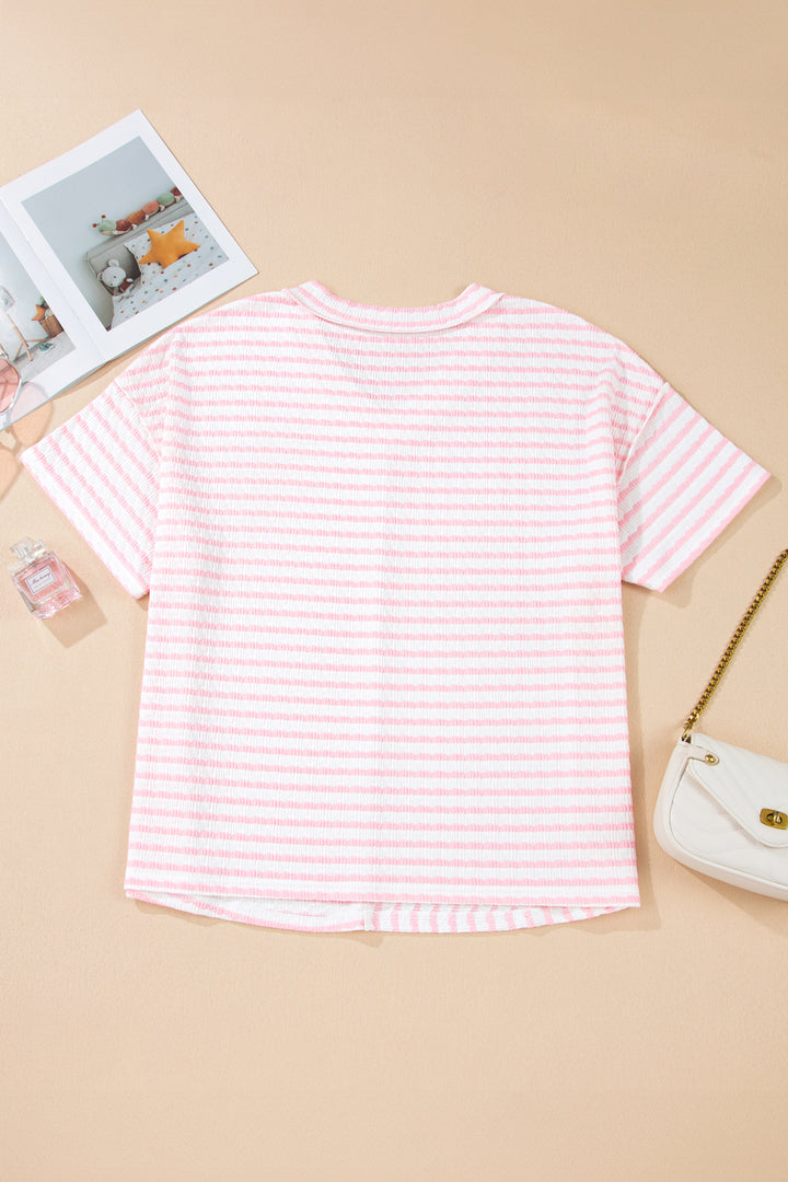 Pink Stripe Plus Size V Neck Exposed Seam Patchwork T Shirt