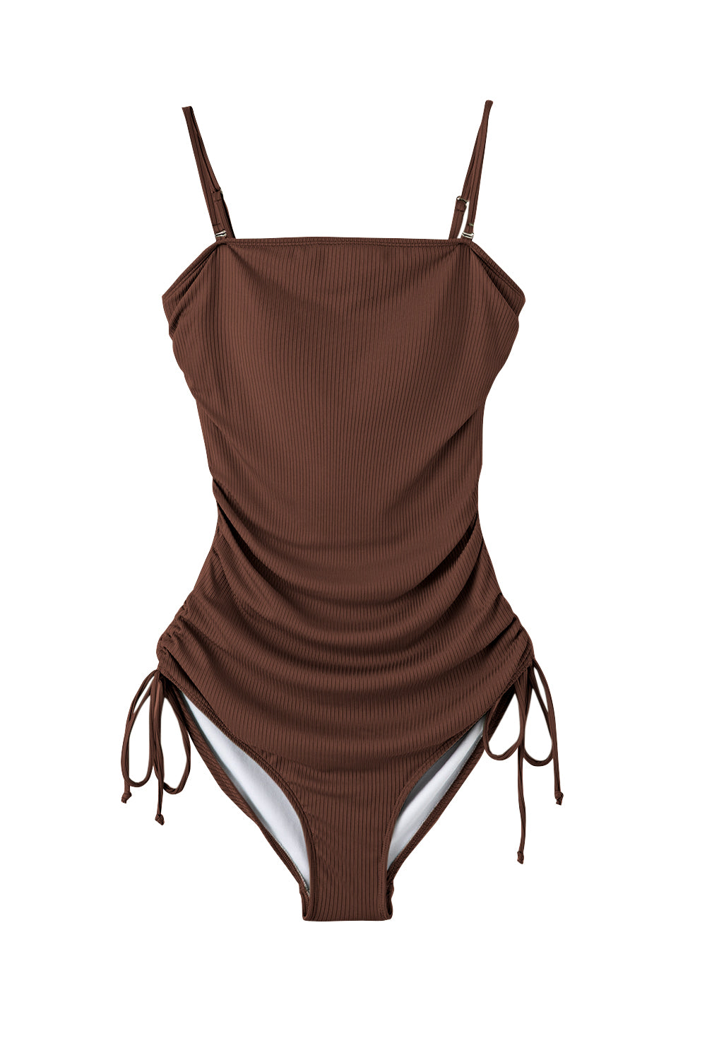 Coffee Ribbed Drawstring Sides Cutout One Piece Swimsuit