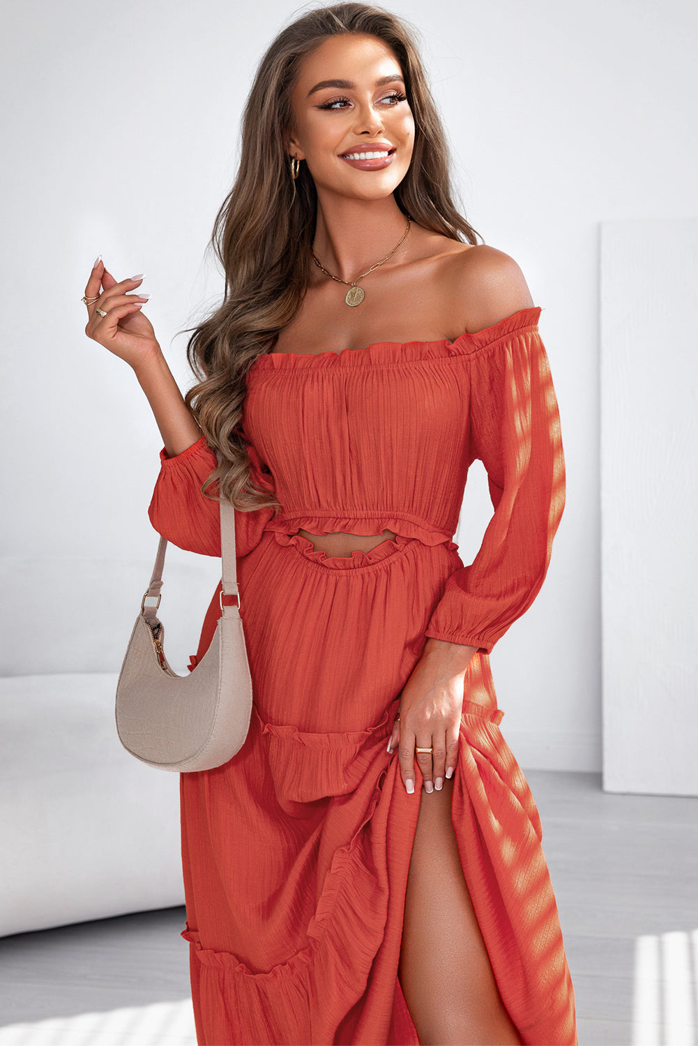 Orange Off Shoulder Balloon Sleeve Cutout Ruffled Maxi Dress  | Women