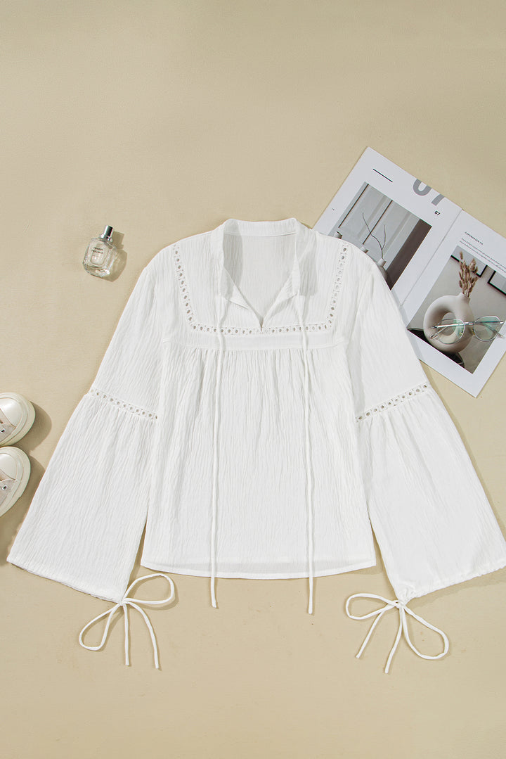 White Drawstring Lace Detail Puff Sleeve Split Neck Spring Fall Blouse