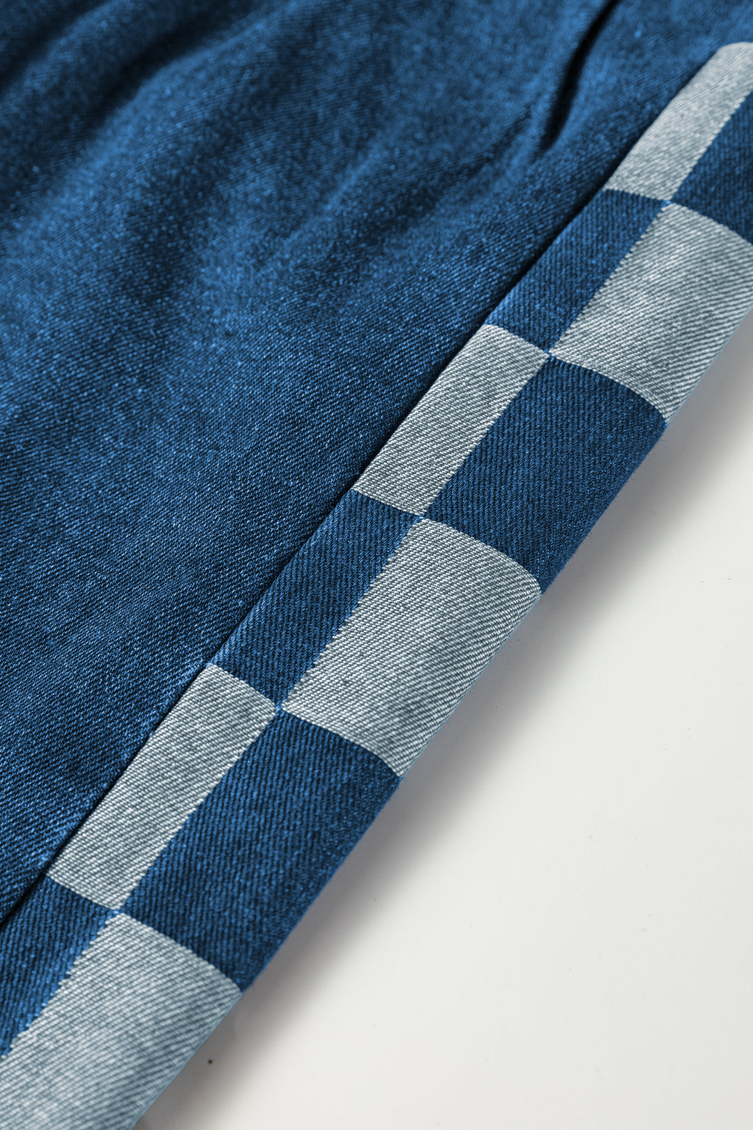 Sail Blue Checkered Side Panel Patchwork Drawstring Loose Denim Pants