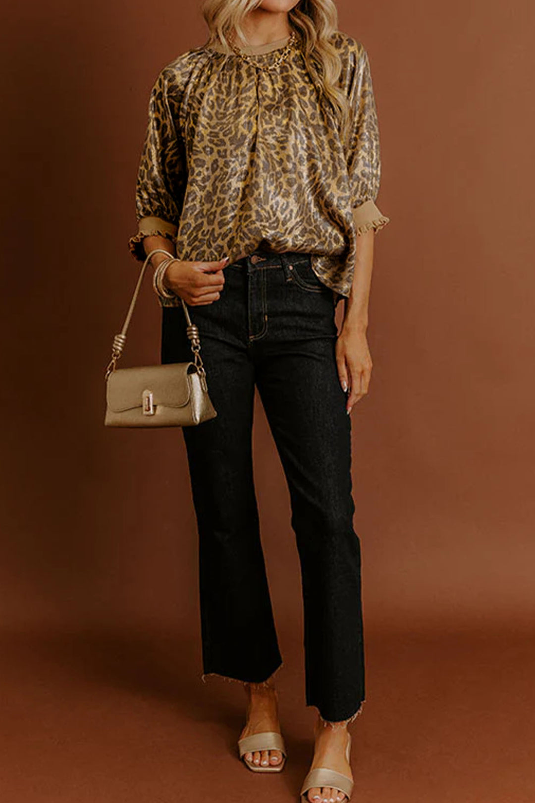 Gold Half Sleeve Metallic Leopard Print Blouse