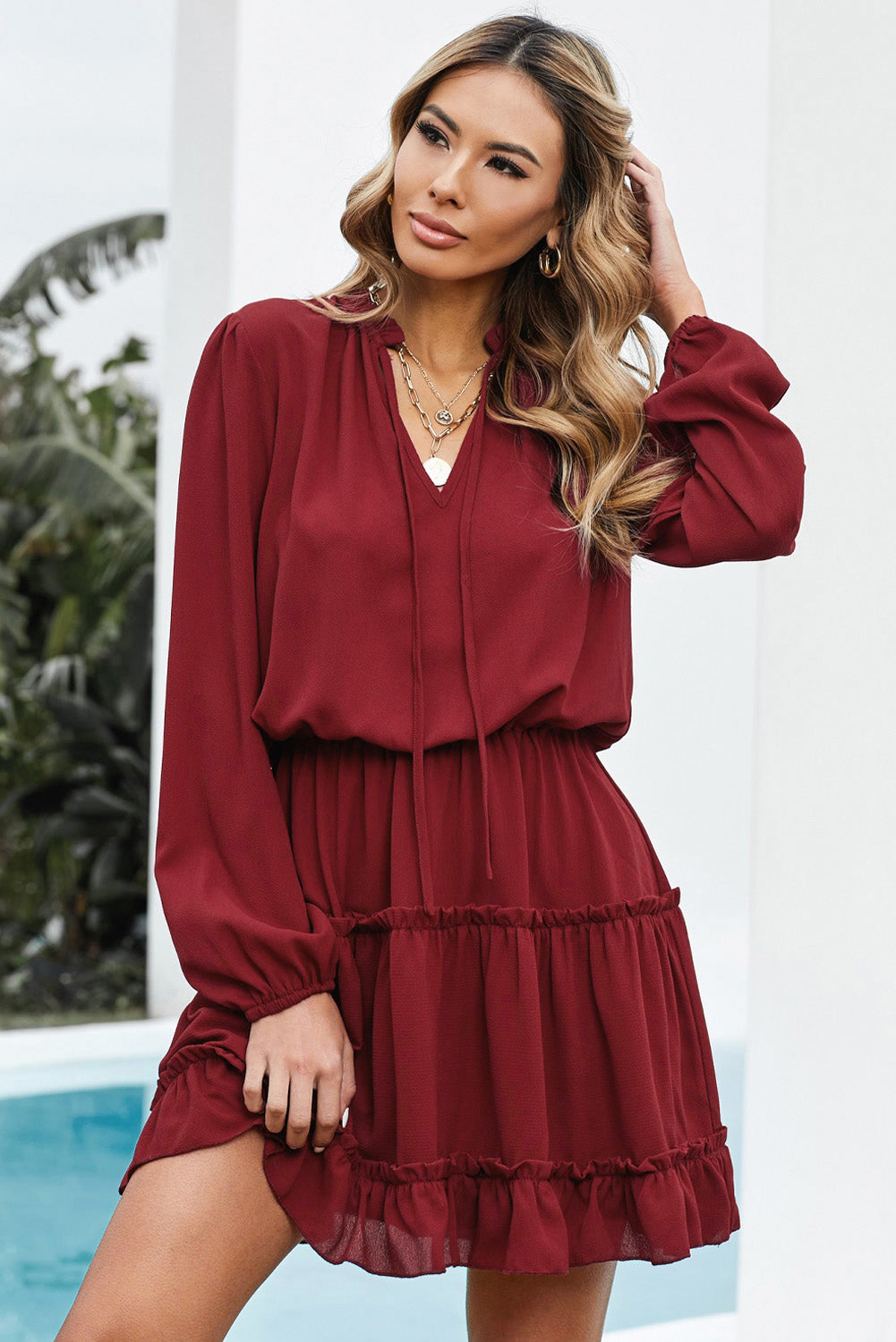 V Neck Long Sleeve Ruffle Tiered Mini Dress | Women