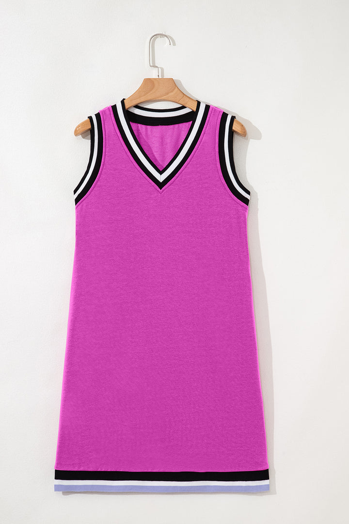 Purple Orchid Color Contrast Trim V Neck Shift Sleeveless Mini Dress