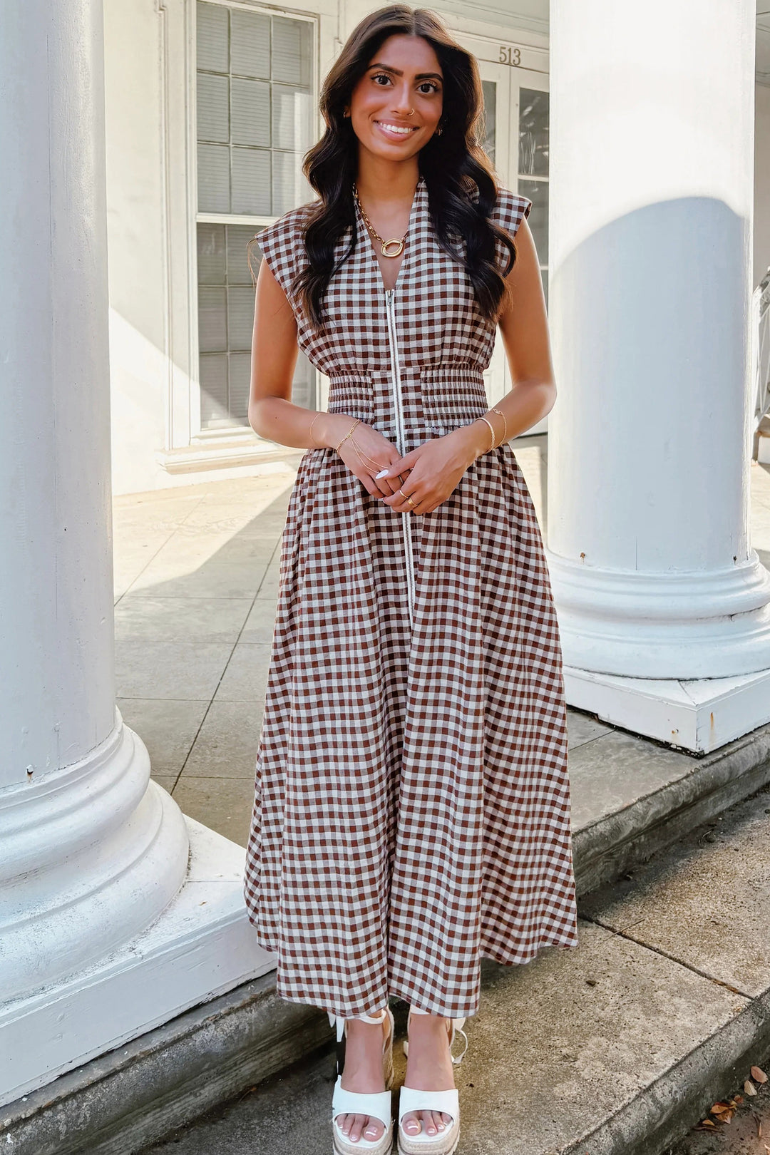 Coffee Plaid Print Full Zipper Cinched Waist Fit Flare Sleeveless Maxi Dress