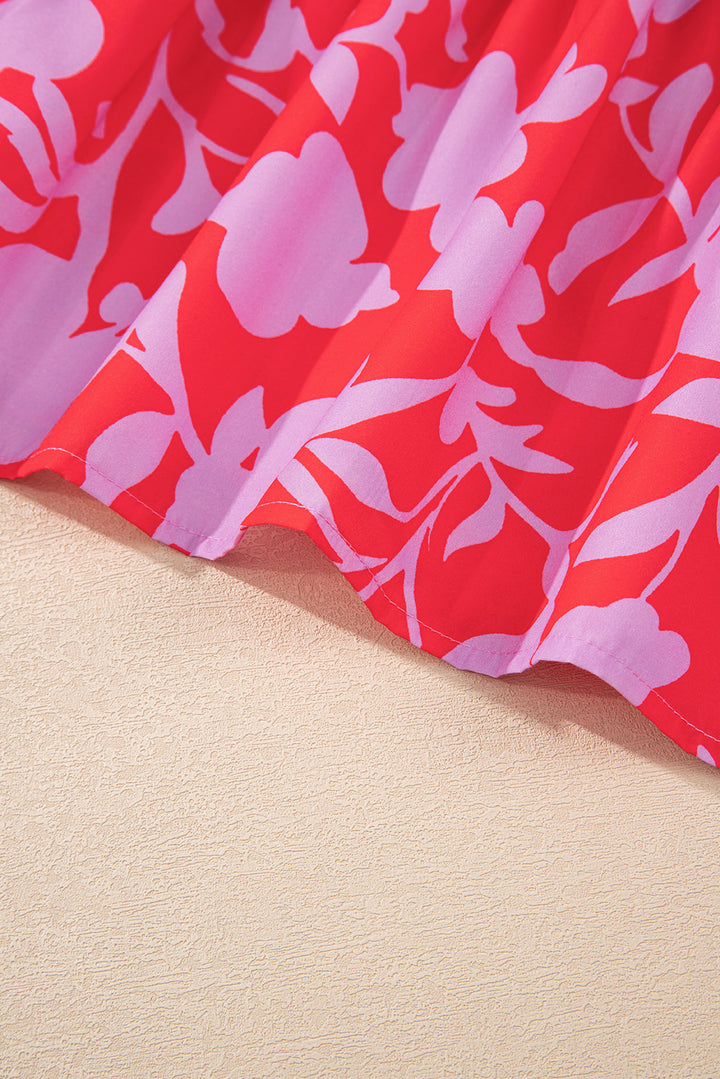 Red Floral Three Quarter Sleeves Ruffle Hem Mini Dress