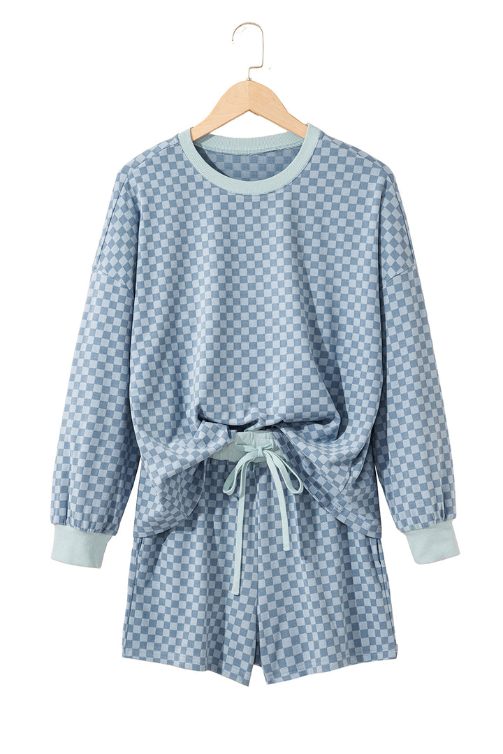 Sky Blue Checkerboard Long Sleeve Pullover and Shorts Set