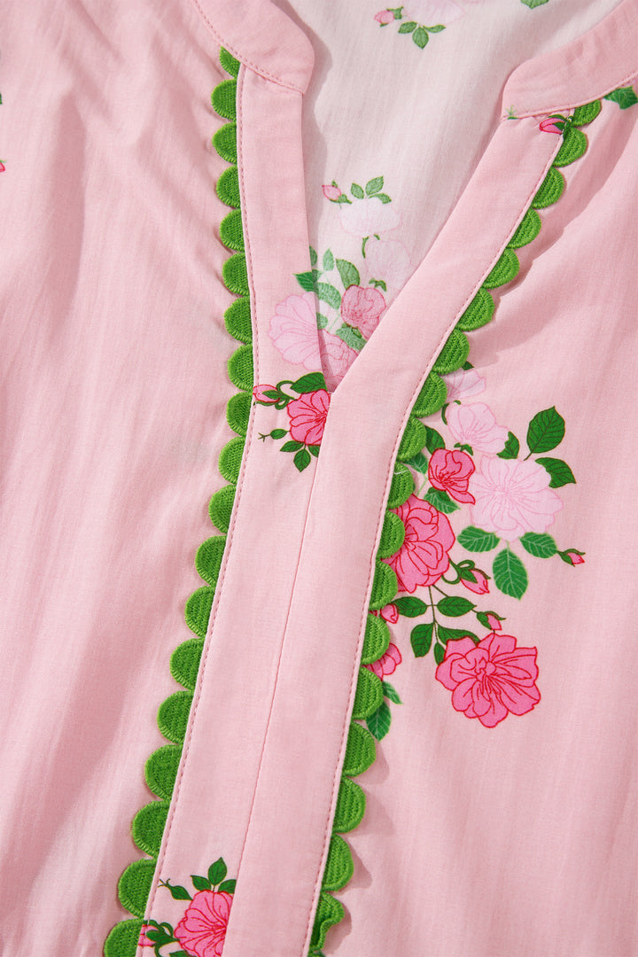 Pink Notched Neck Flutter Short Sleeve Floral Print Maxi Dress