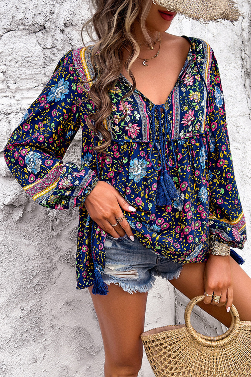 Blue Bohemian Floral Print Tassel Tie Front Long Sleeve Blouse