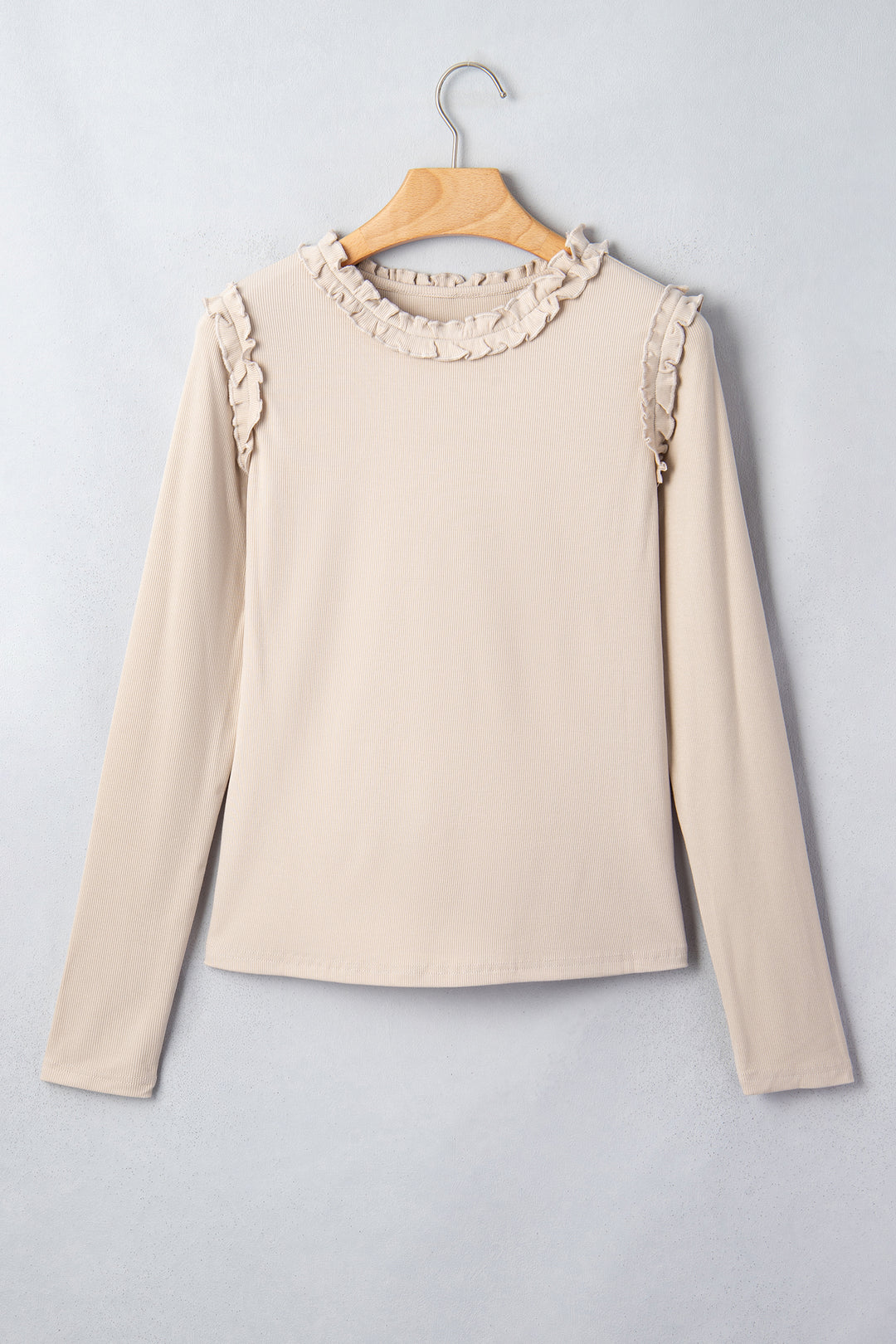 Beige Solid Color Round Neck Frill Detail Long Sleeve Top