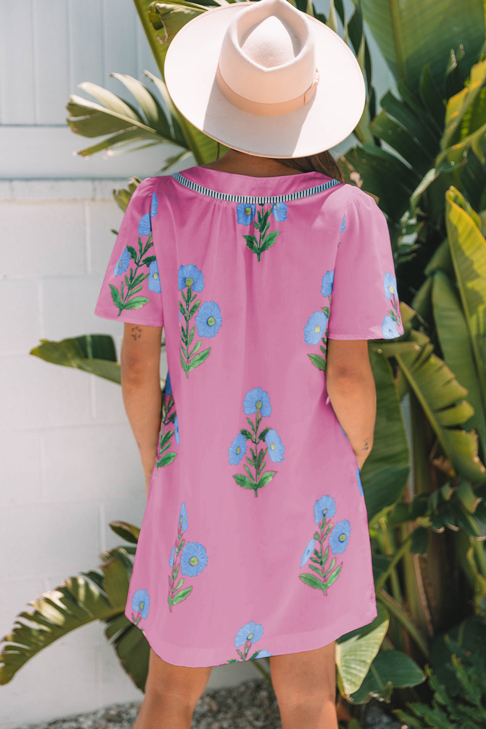 Rose Floral Short Sleeve Split Neck Loose Mini Dress