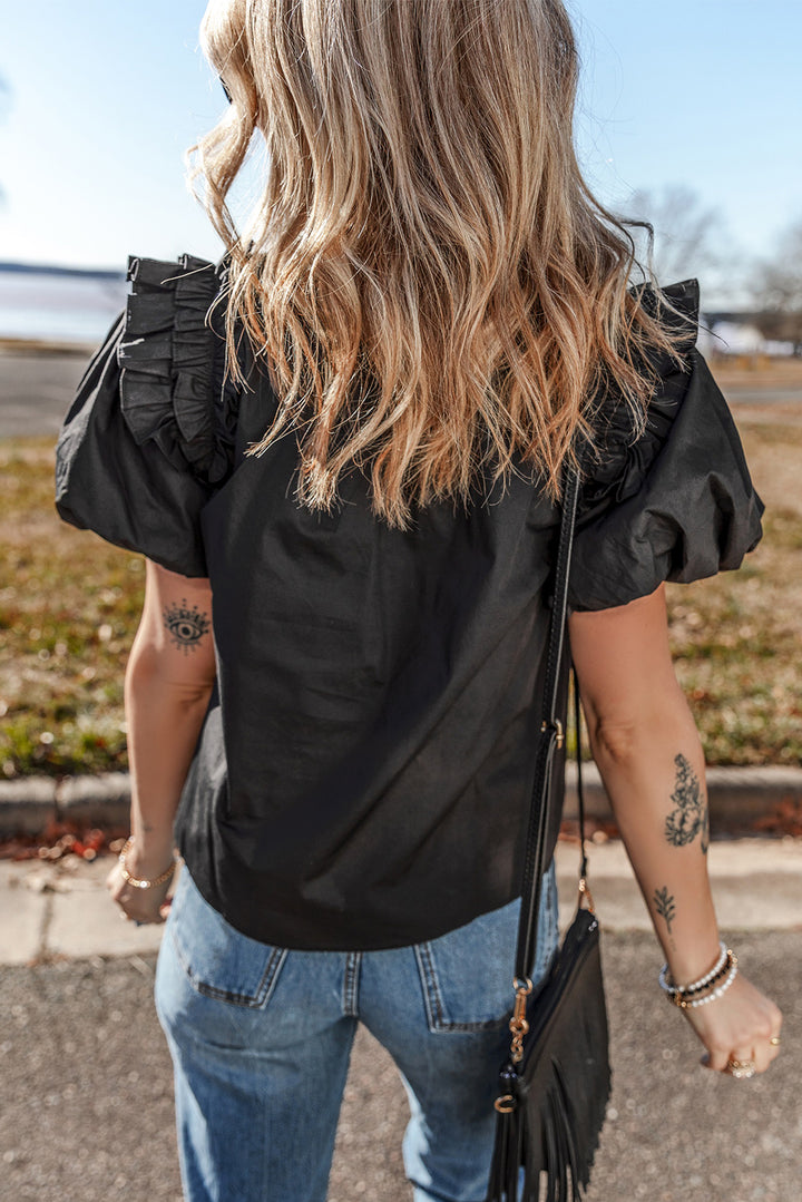 Black Ruffled Puff Short Sleeve Loose Blouse