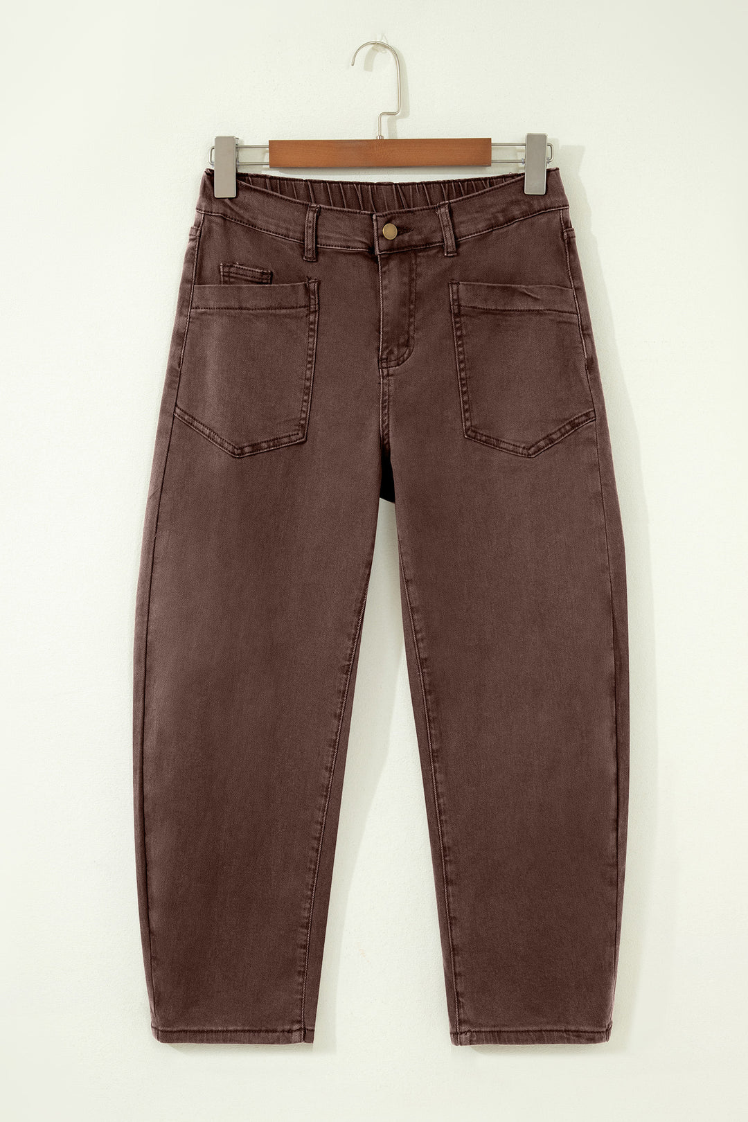 Coffee Solid Color Square Patch Pocket Ankle-length Barrel Jeans
