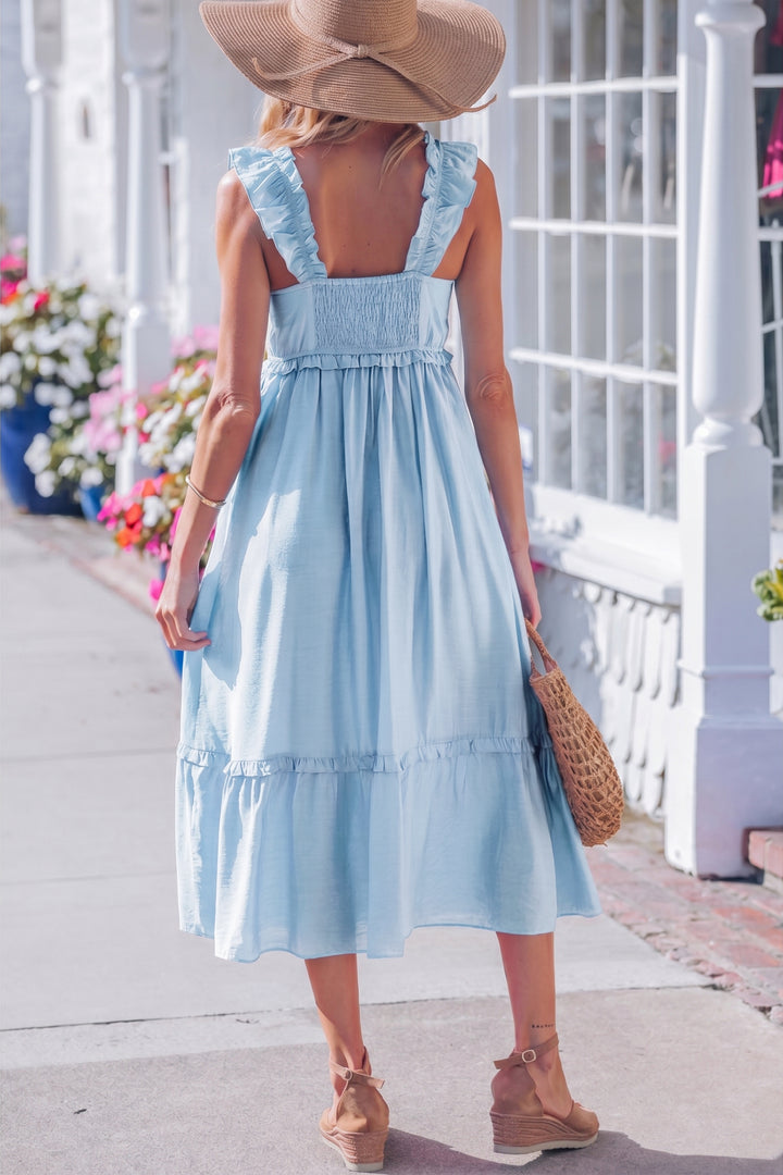 Bonbon Solid Color Ruffle Trim High Waist Sleeveless Maxi Dress