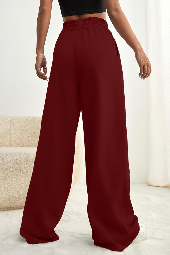 Burgundy Tied Elastic High Waist Pleated Detail Solid Sweatpants