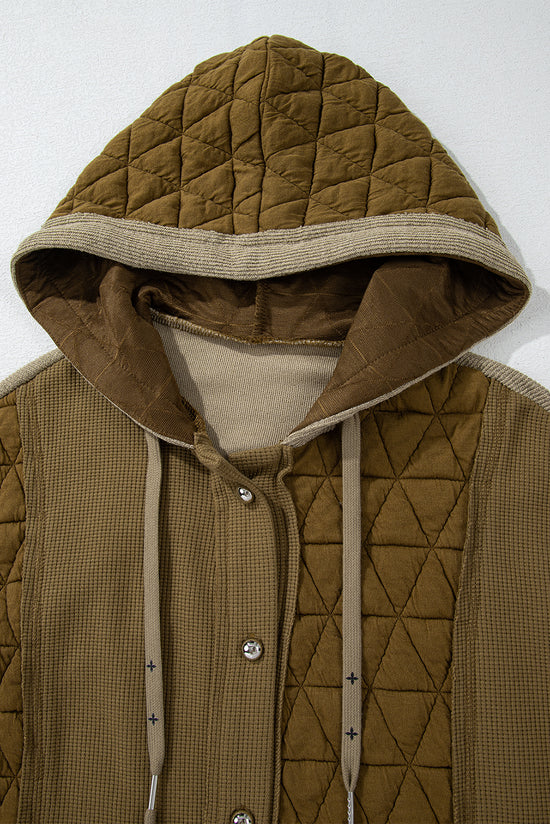 Jungle Green Quilted Textured Patchwork Loose Fit Hooded Jacket