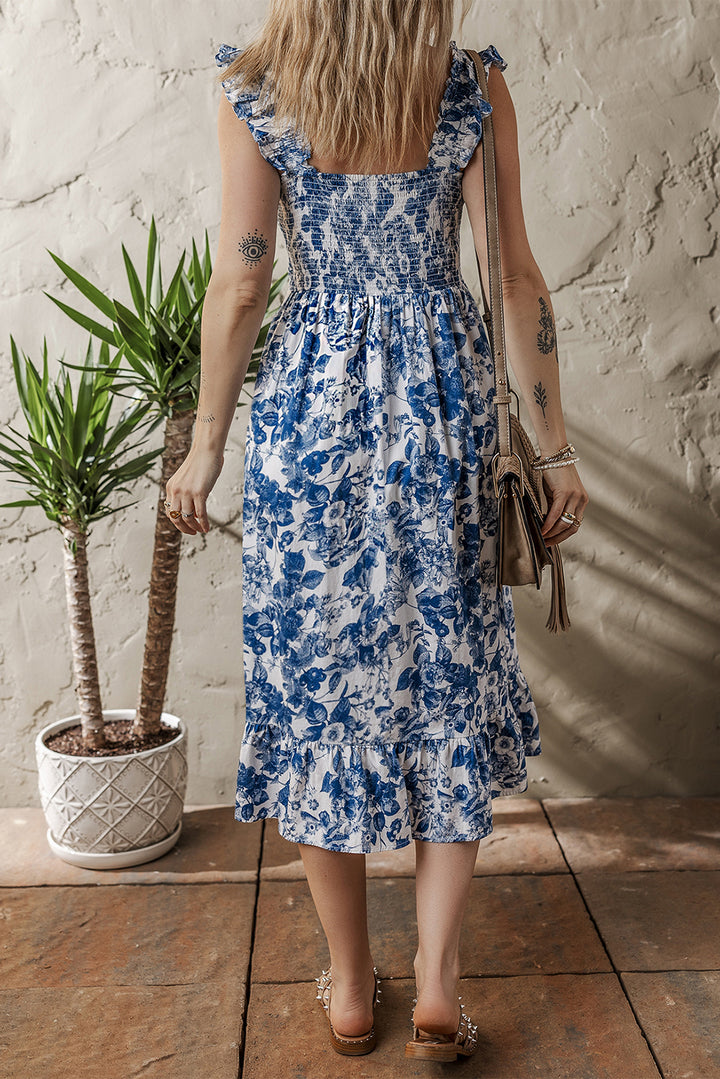 Blue &amp; White Floral Smocked Maxi Dress