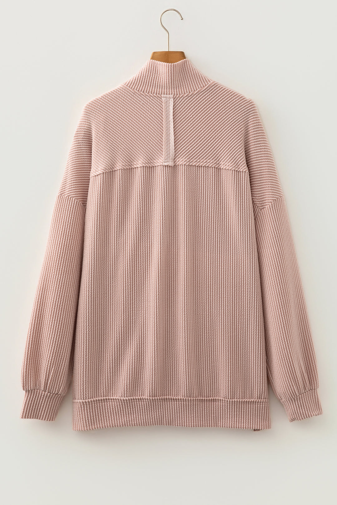 Oatmeal Twist Ribbed Zipper Collar Drop Shoulder Long Sleeve Top