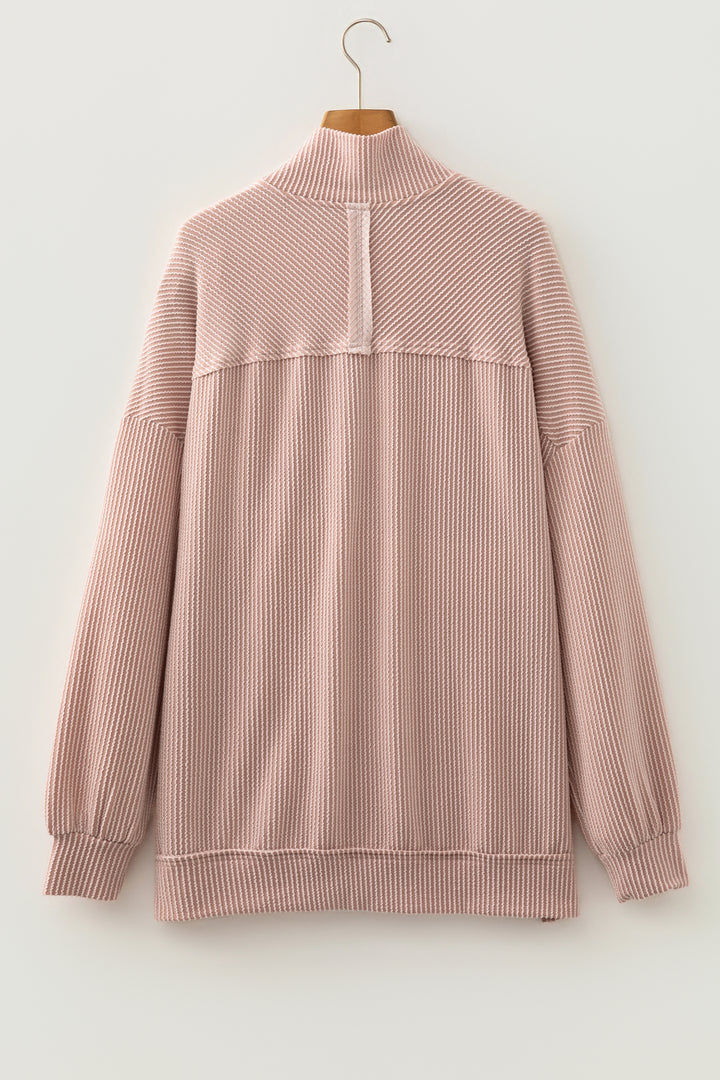Oatmeal Twist Ribbed Zipper Collar Drop Shoulder Long Sleeve Top