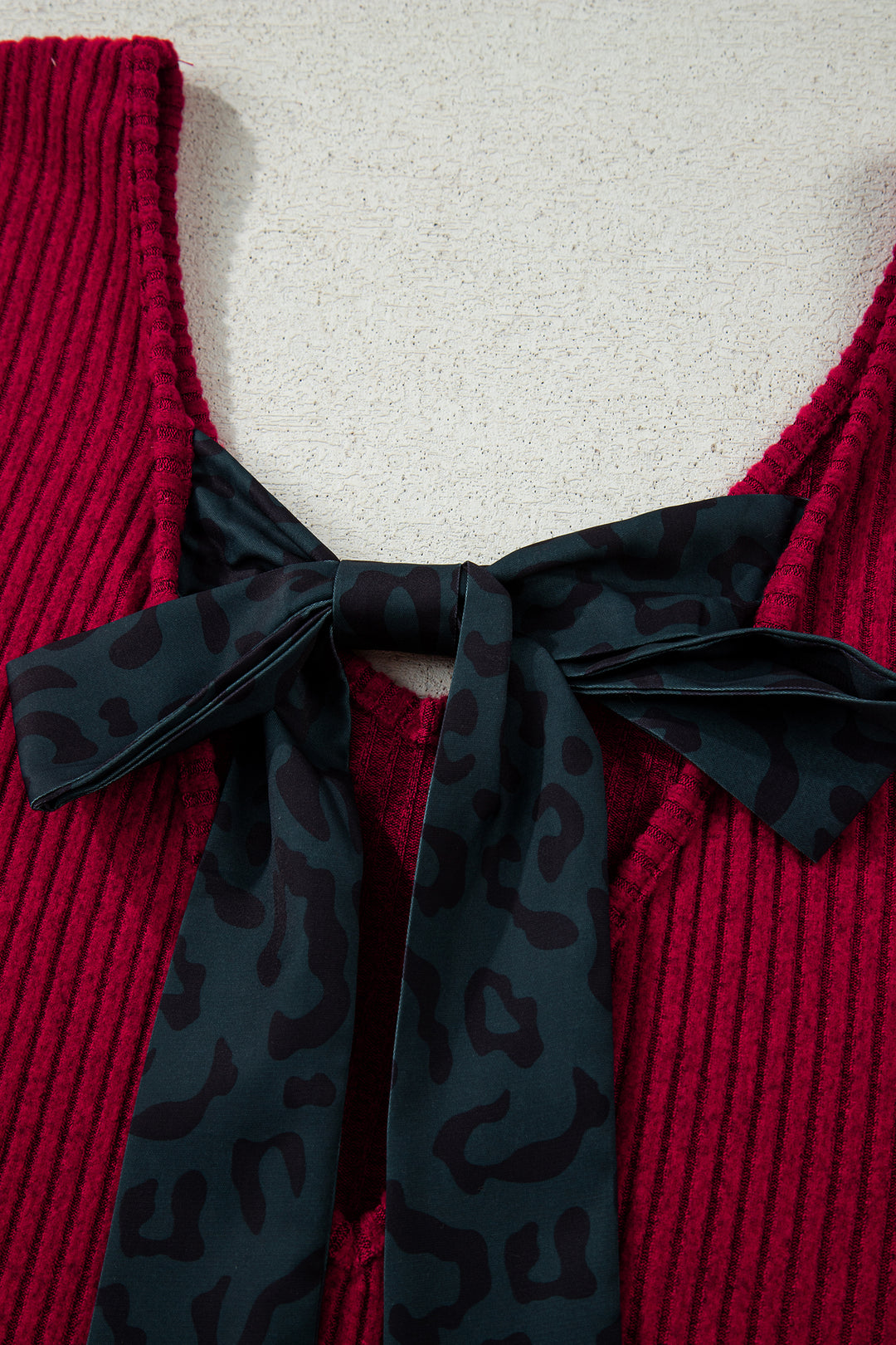 Racing Red Ribbed V Neck Contrast Ribbon Bow Back Drop Shoulder Long Sleeve Top
