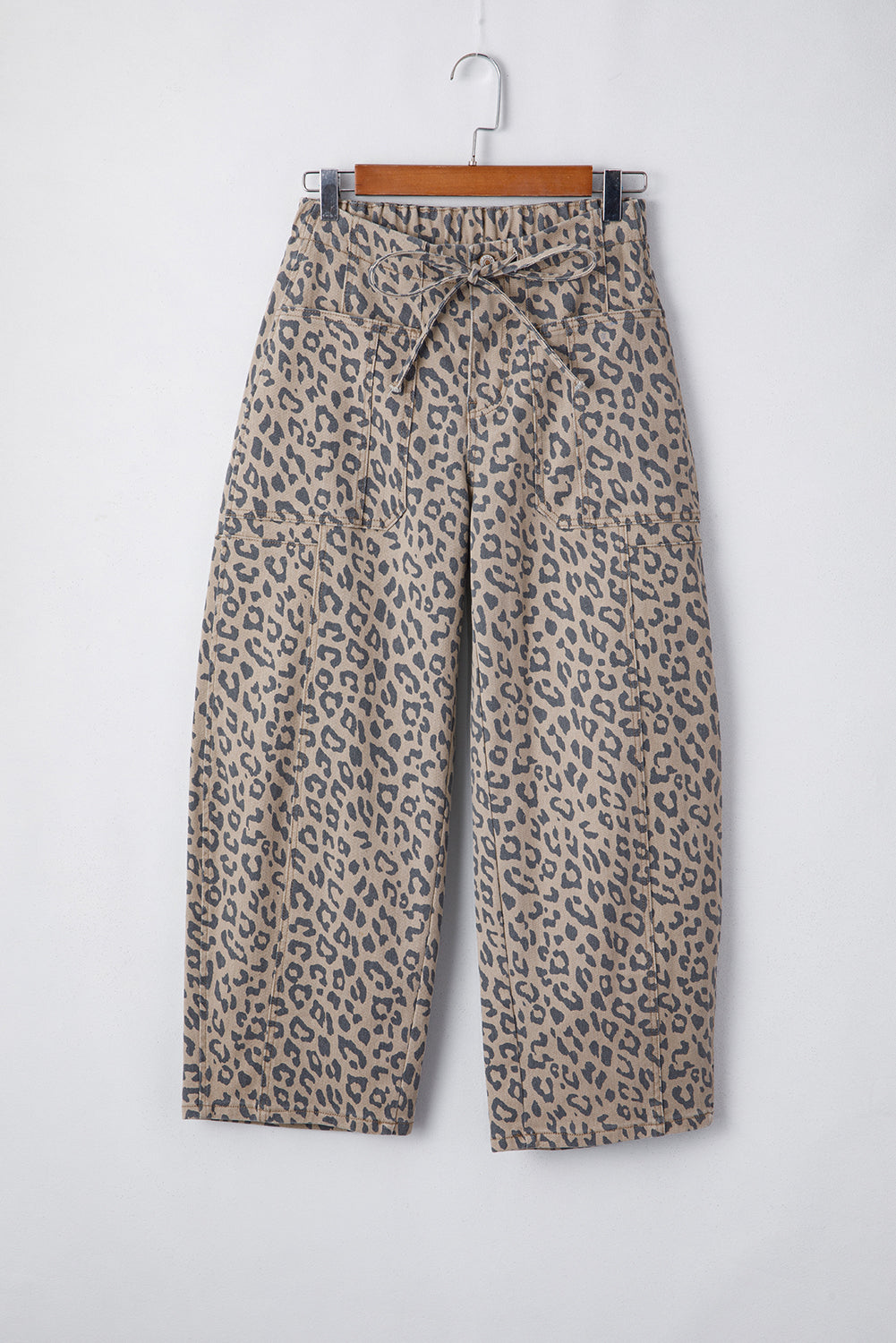 Khaki Leopard Printed Drawstring Elastic Waistband Pocketed Wide Leg Jeans