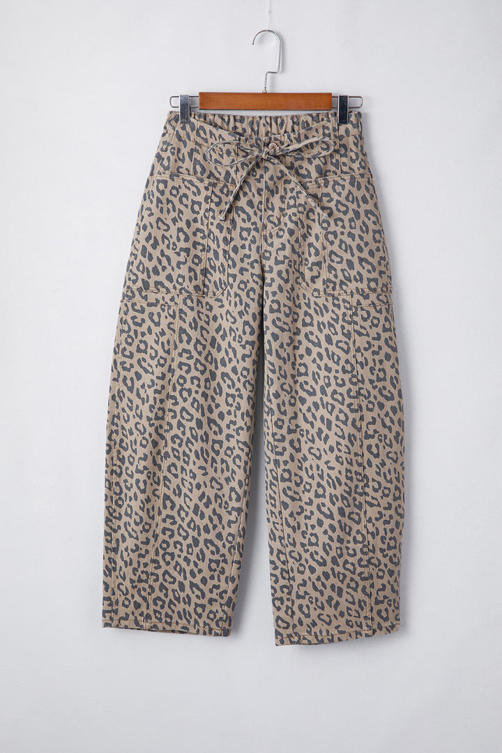 Khaki Leopard Printed Drawstring Elastic Waistband Pocketed Wide Leg Jeans