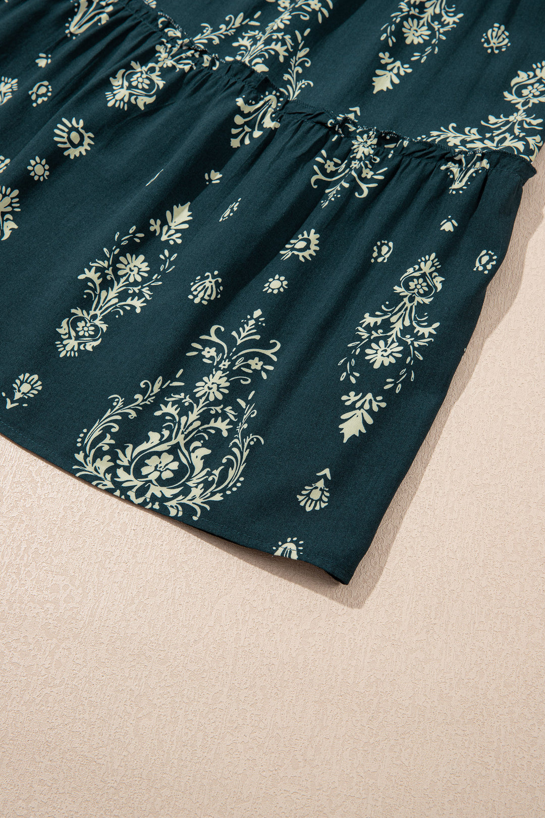 Blue Boho Floral Print Lettuce Trim 3/4 Sleeve Mini Dress