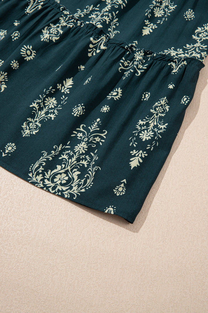 Blue Boho Floral Print Lettuce Trim 3/4 Sleeve Mini Dress