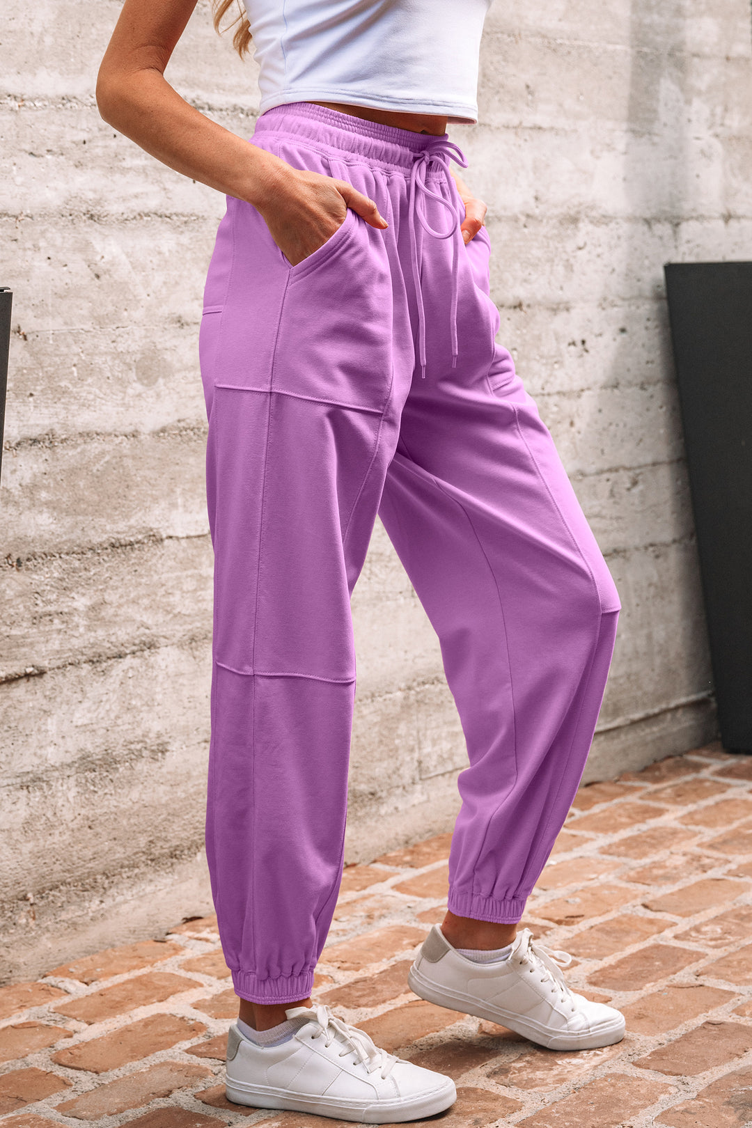 Lilac Drawstring Elastic Waistband Solid Color Jogger Pants