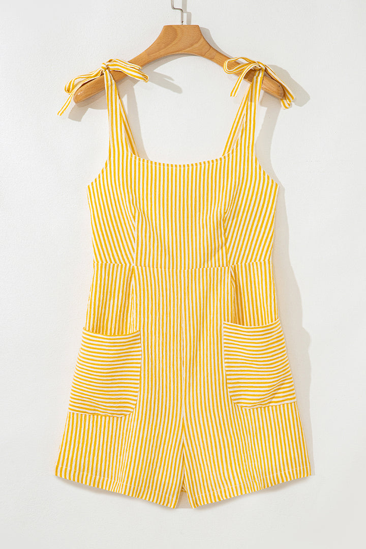 Yellow Stripe Shoulder Tie Smocked Back Wide Leg Casual Romper