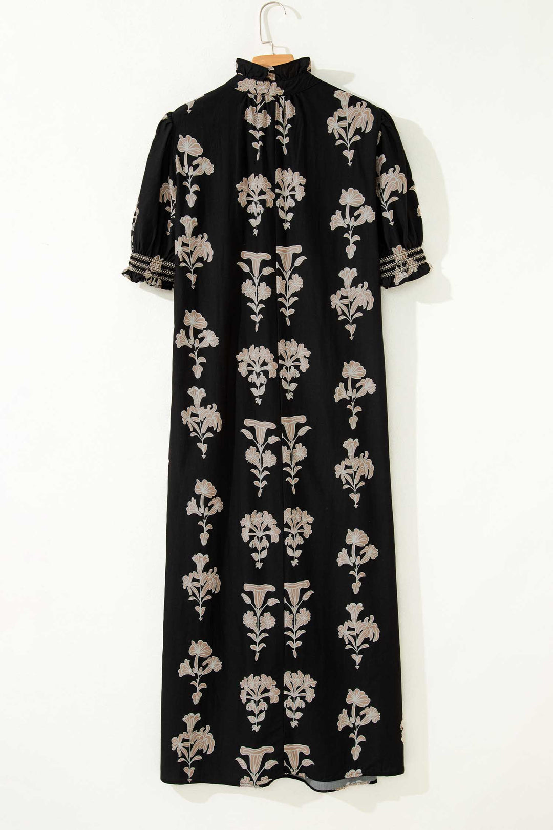 Black Floral Print Frilled Collar Short Puff Sleeve Maxi Dress