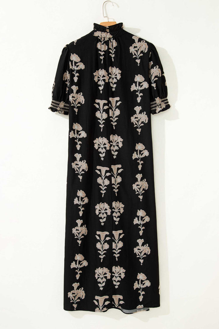 Black Floral Print Frilled Collar Short Puff Sleeve Maxi Dress