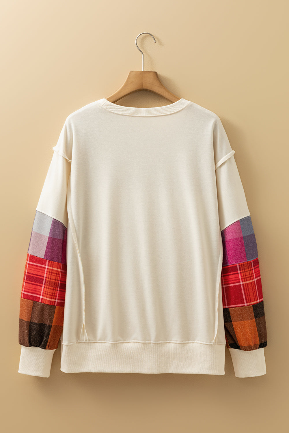 Beige Contrast Plaid Long Sleeve Exposed Seam Patchwork Top