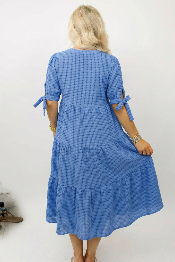 Dusk Blue Gingham Textured Bow Tie Short Sleeve Tiered Midi Dress