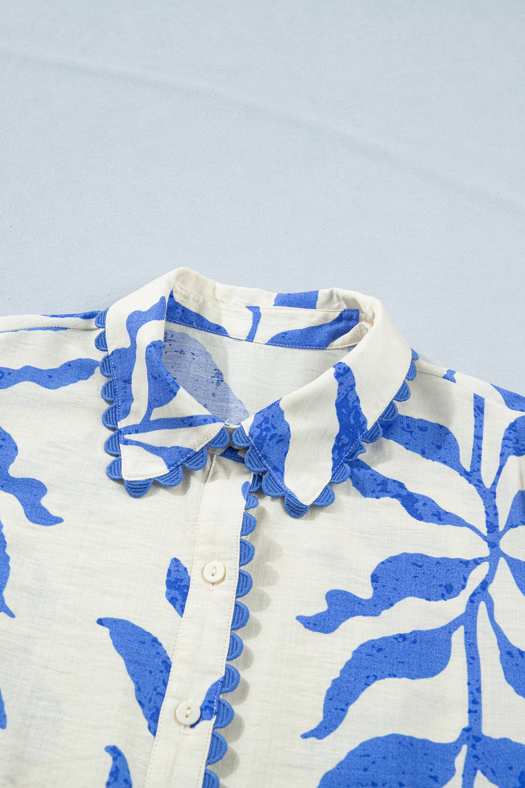 Sky Blue Leafy Botanical Print Side Tie Button Down Maxi Dress